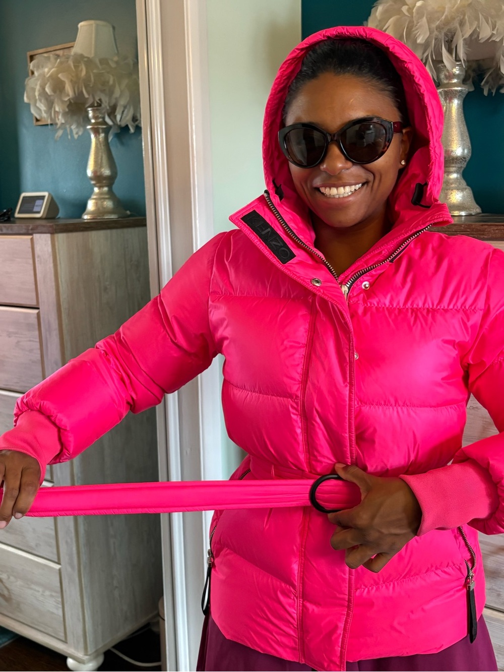 Women's Hot Pink Hooded Puffer Jacket - Picture 2 of 6